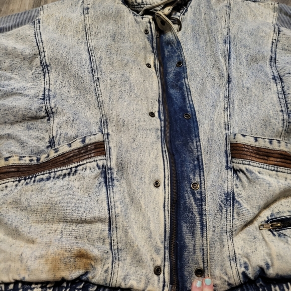 Vintage Y2K Stone Acid Wash Denim Heavy Winter Coat Quilted Lined Size Large - Picture 5 of 7